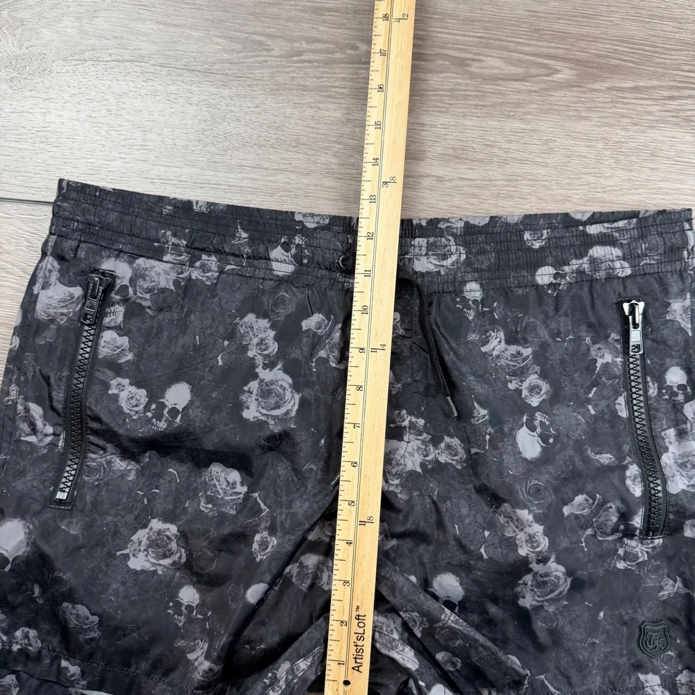 The Kooples Mens Swim Trunks Skull Rose Floral Print Black Grey Size M